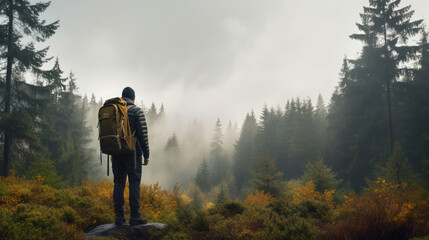 Full body side view of the young male traveller with backpack standing in the forest with tall coniferous trees on a misty day

