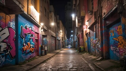 AI generated illustration of an urban alleyway with colorful graffiti art painted on the walls