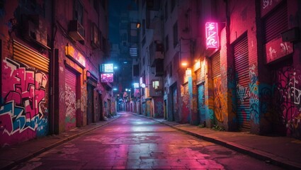 AI generated illustration of an urban alleyway with colorful graffiti art painted on the walls - obrazy, fototapety, plakaty