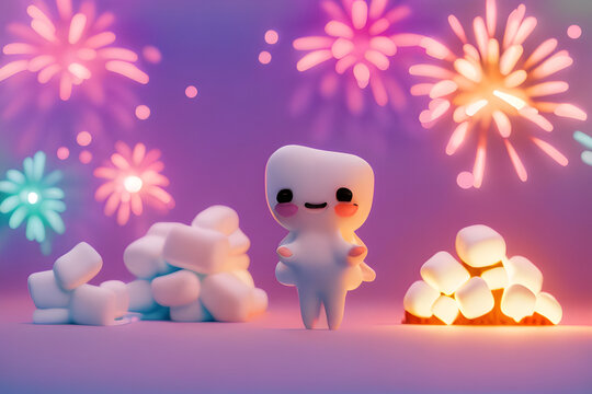 There are cute marshmallow characters and piles of marshmallow, and a pastel-toned fairy tale-tone photo of fireworks exploding in the sky