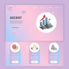 Ascent flat landing page website template. Intellectual, strength, acceleration. Web banner with header, content and footer. Vector illustration.