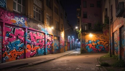 AI generated illustration of an urban alleyway with colorful graffiti art painted on the walls