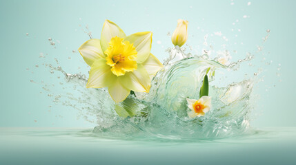  a yellow flower splashing into the water with a blue background.  generative ai