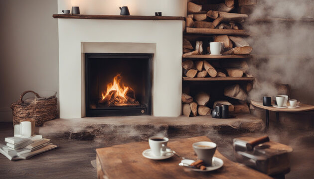 Cozy Moments: Hot Coffee by the Fireplace