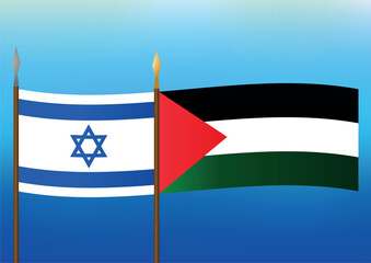 The waving flags of Israel and the State of Palestine waving at the blue sky background pattern