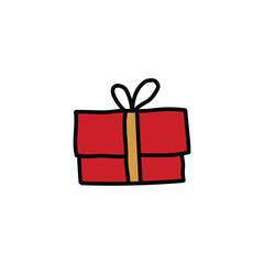 A hand-drawn cartoon doodle icon is a red gift box on a white background.