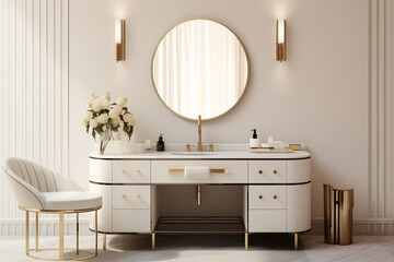 Empty modern, minimal beige dressing table, gold handle drawer storage, twig glass vase, round vanity mirror in cream wall bedroom in sunlight for luxury beauty, cosmetic, generative AI - obrazy, fototapety, plakaty