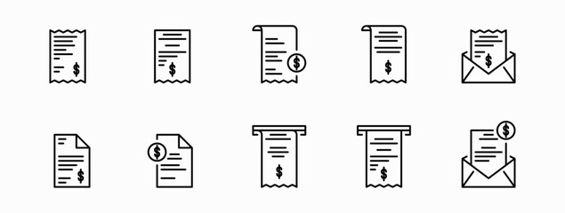 Receipt icon set. Linear invoice or bill icons for debt and salary