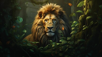 AI generated illustration of a lion sitting in a lush green forest - obrazy, fototapety, plakaty