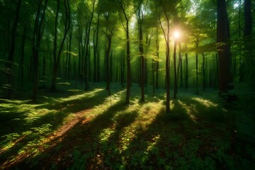 Obraz premium A&nbsp;deep woodland where sunlight filters through the leaves to create lovely ground patterns.