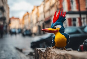 AI generated illustration of a woodpecker perched on a stone in the city street