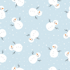 Christmas seamless pattern with smiling snowman and snowy