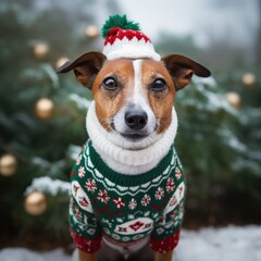 cute little dog wearing an ugly christmas sweater - portrait photo - obrazy, fototapety, plakaty