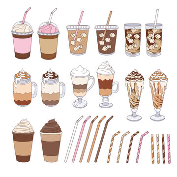 Retro caffeine drinks crema capuccino latte art iced coffee in cup and glass with straw vector illustration set isolated on white. Groovy coffee print collection.