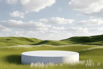 Abstract 3d render platform natural background, White podium on the grass field backdrop cloud and sky for product stand display advertising, cosmetic or etc. generative ai.