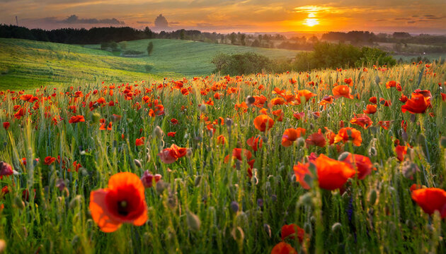 Beautiful meadow with the poppy flowers at sunset, Poland.