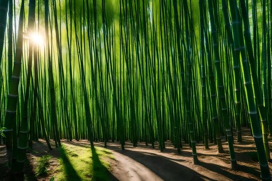 Sunlight peeking through the leaves of a peaceful bamboo forest.