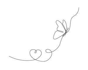 Continuous one line drawing of flying butterfly. Butterfly with love shape outline vector illustration. Editable stroke.