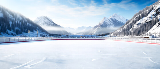  Rink Background on luxury mountain resort. Ice skating. Scenery hotels of Alps on snowy winter landscape. Vacation, travelling concept. Copy space. Stadium. Panoramic view. Generative ai	 - obrazy, fototapety, plakaty
