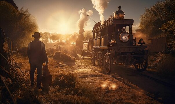 AI generated illustration of a man walking down a dusty street in a western town