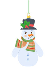 Christmas tree toy in shape of cute glass snowman figurine in hat with leaves and berries, knitted scarf with ornament on ribbon. Vector illustration on white isolated background in flat style.