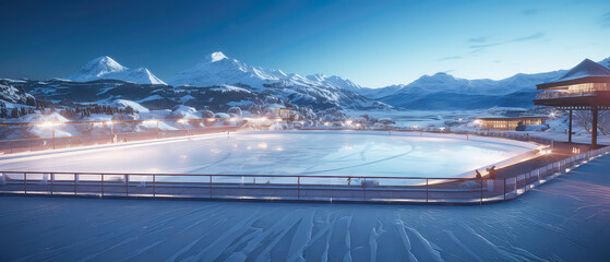  Rink Background on luxury mountain resort. Ice skating. Scenery hotels of Alps on snowy winter landscape. Vacation, travelling concept. Copy space. Stadium. Panoramic view. Generative ai	