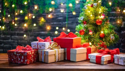 Many gift boxes are placed on the table, behind which is a pine tree with twinkling Christmas lights.