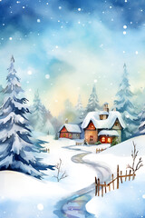 Fototapeta na wymiar watercolor christmas landscape with two house illustration digital junk journal page