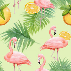 pink flamingo birds, minimal detail, seamless pattern with lemon, palm and flamingo