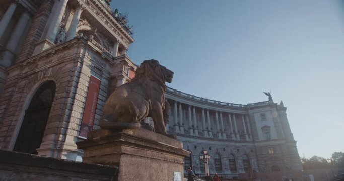 Lion statue in front of museum on sunny day