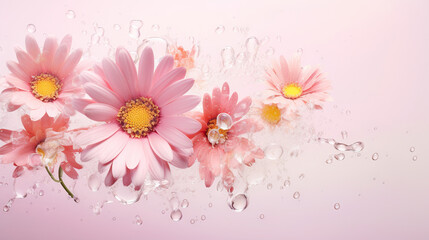  a group of pink flowers floating in water on a pink background.  generative ai