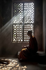 Obraz na płótnie Canvas In Search of Inner Peace: A Monk Meditating in a Stone Room, ai generative