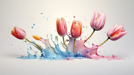  a group of pink tulips with splashing water.  generative ai