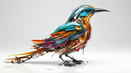 a multi colored bird standing on a silver surface with a shadow