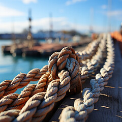 close up view of rope on boat in harbor - obrazy, fototapety, plakaty