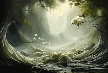 an artistic painting of a stream surrounded by trees and rocks