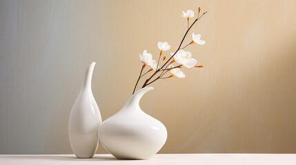  a couple of white vases sitting on top of a table.  generative ai