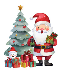 Fototapeta na wymiar Santa Claus with gifts and cartoon decorations. on Christmas and New Year gift concept.