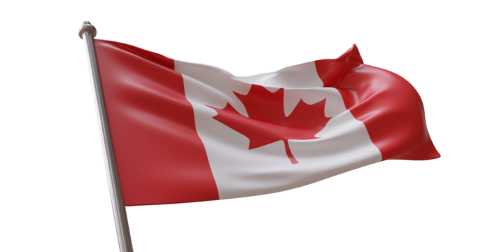 Canada flag waving isolated on white transparent background, PNG.