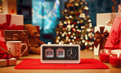 Alarm clock showing time and date: it's Christmas