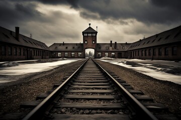 railway line at the Auschwitz concentration camp. - obrazy, fototapety, plakaty