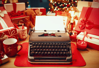 Vintage typewriter on a desk and Christmas decorations