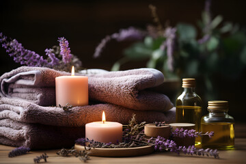 Fototapeta na wymiar Serene spa environment with lavender-scented candles, essential oils, and towels.