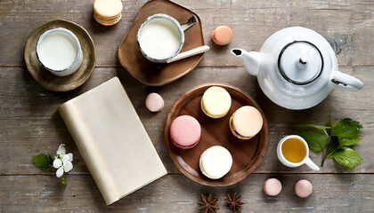 Obraz na płótnie Canvas High tea with macarons, tea, milk and a book on a wooden table