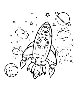 Cute and funny coloring page of a rocket. Provides hours of coloring fun for children. To color this page is very easy. Suitable for little kids and toddlers.