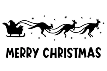 Fotobehang Christmas Santa's sleigh with kangaroo. Vector animal silhouettes. Illustration for laser, paper cutting, printing on T-shirts, mugs. Christmas is coming phrase. Isolated on white background. © Volha Shybut