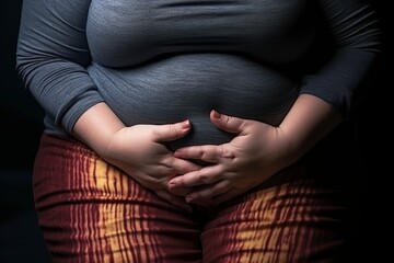 thick woman holding her belly with her hands - obrazy, fototapety, plakaty
