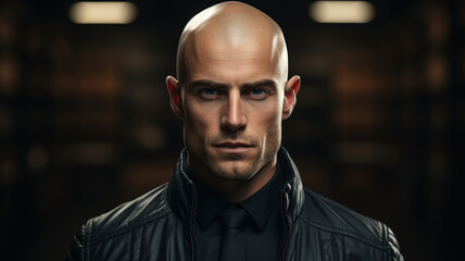 portrait of a bald man wearing a short jacket. - obrazy, fototapety, plakaty