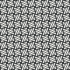 Decorative grid with squares formed by vertical and horizontal white wavy elements on a black background. Geometric ornament. Seamless repeating pattern. Vector illustration.