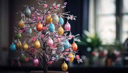 Photo of a Colorful Easter Tree Filled With Vibrant, Decorative Eggs